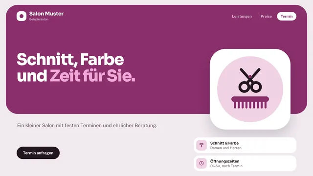 Beispiel-Skizze für den erfundenen Salon Muster: beerenfarbenes Band mit der Überschrift „Schnitt, Farbe und Zeit für Sie.“ und einem Scheren-und-Kamm-Zeichen